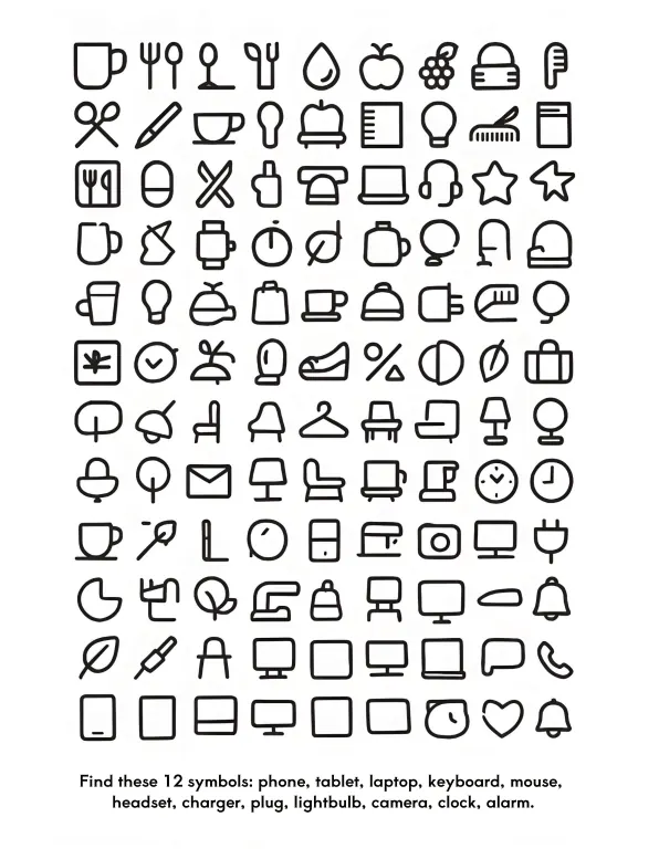 Interior preview from Hidden Symbols — Large Print Visual Search Puzzles for Adults