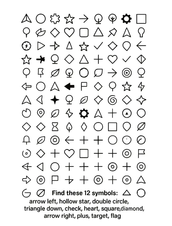 Interior preview from Hidden Symbols — Large Print Visual Search Puzzles for Adults