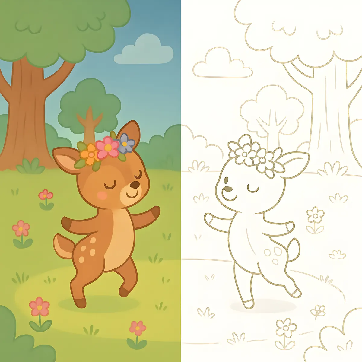 Interior preview from Color & Complete: Half-Half Coloring Adventures — Forest Edition