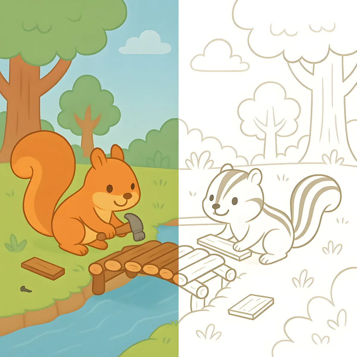 Interior preview from Color & Complete: Half-Half Coloring Adventures — Forest Edition